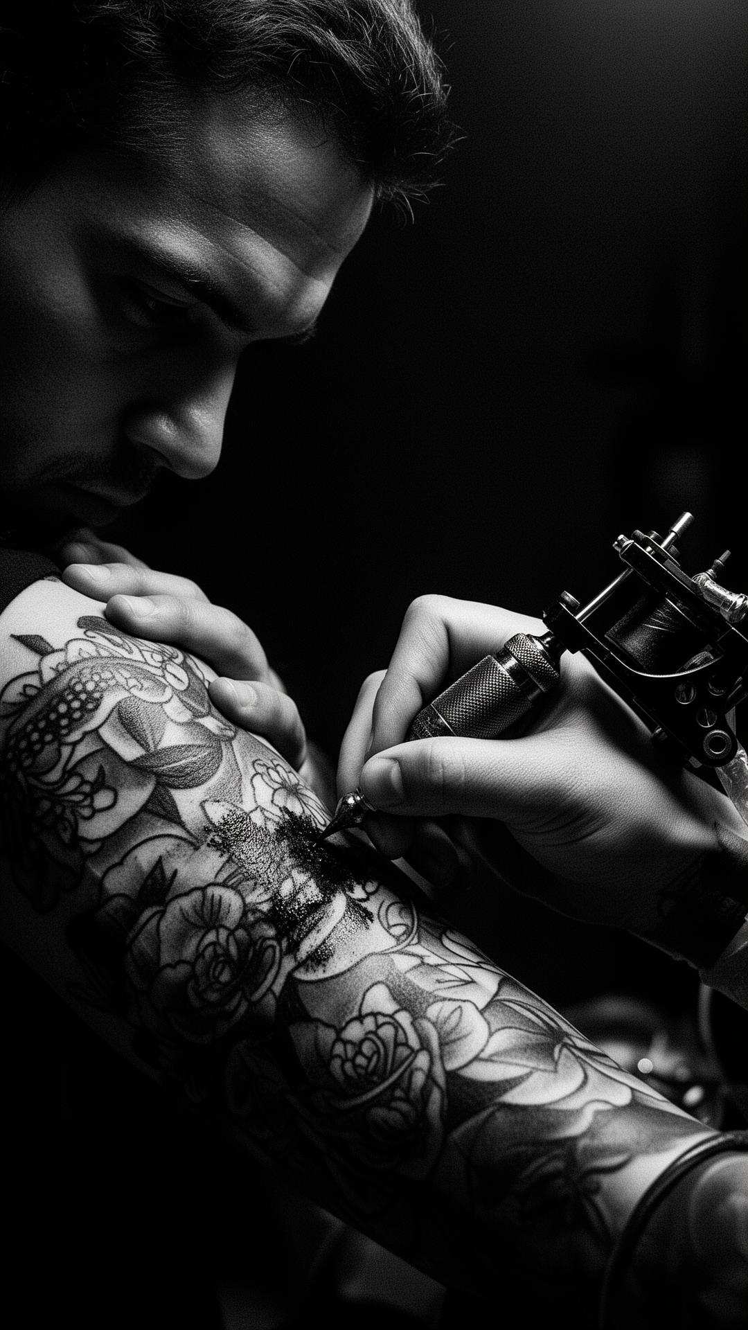 Shagun working on a sleeve tattoo, chiaroscuro lighting